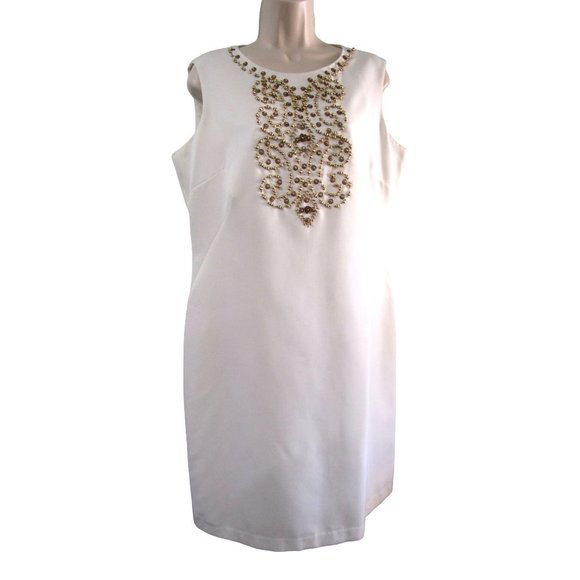 Ellen Tracy Gold Beaded White Sheath Dress Sz 14 GUC - Picture 1 of 16